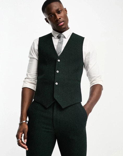 ASOS DESIGN super skinny wool mix suit waistcoat in herringbone in dark green