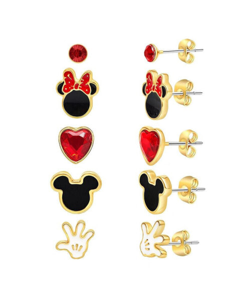 Mickey and Minnie Mouse Fashion Stud Earrings - Classic Mickey and Minnie, Red/Gold - 5 pairs