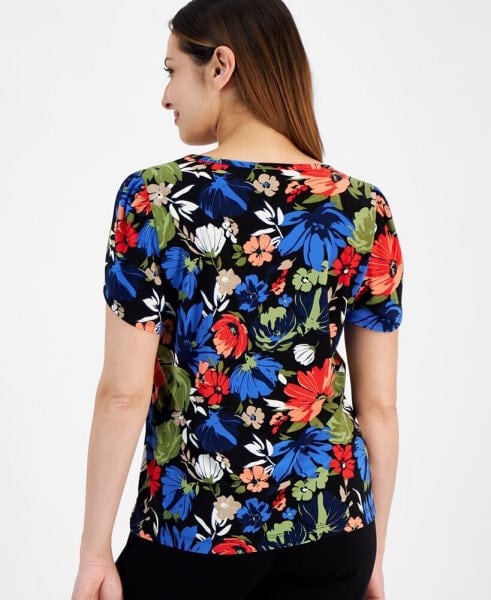 Petite Floral Print Crewneck Tulip-Sleeve Top