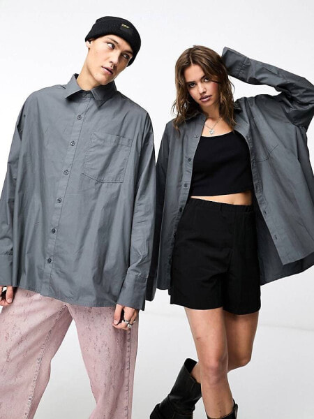 COLLUSION Unisex super oversized box pleat shirt in charcoal 