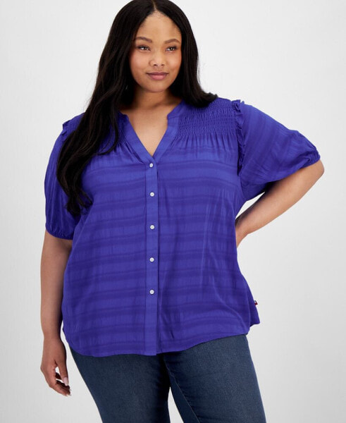 Plus Size Short-Sleeve Smocked-Yoke Top