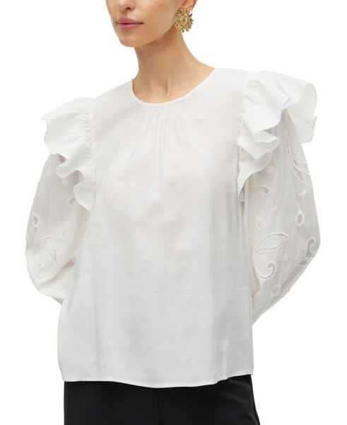 Women's Bilde Embroidered-Sleeve Frilled Top