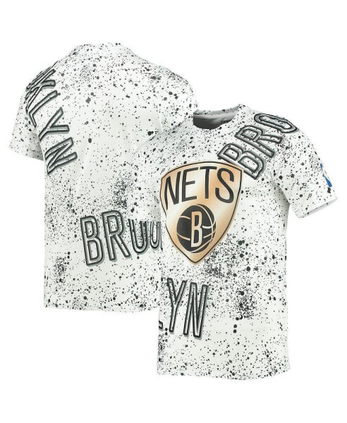 Men's White Brooklyn Nets Gold Foil Splatter Print T-shirt