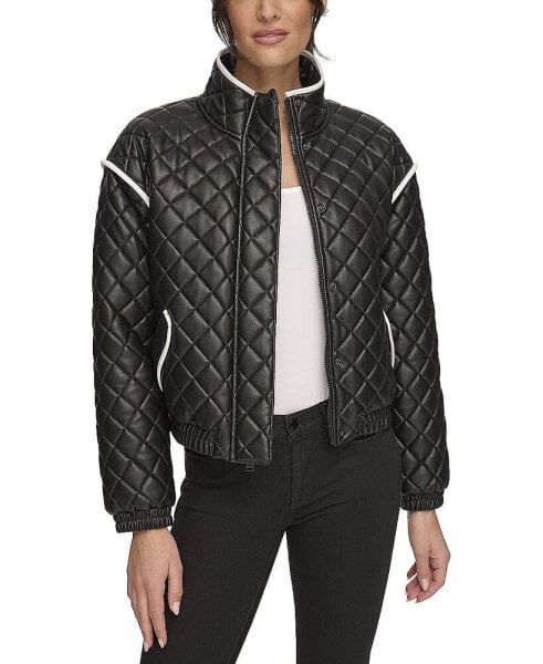 Women's Quilted Faux Leather Bomber Jacket With Contrast Trim