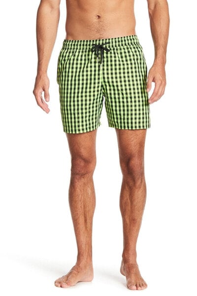 JARED LANG 153870 Men's Checkered Swim Trunks Lime Black Plaid Shorts Sz. Large