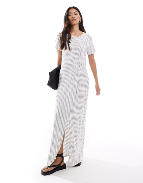 Vero Moda knot front maxi dress in white with black stripes