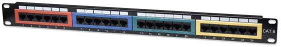 Intellinet Patch Panel - Cat6 - UTP - 24-Port - 1U - Colour-Coded - IEEE 802.3 - IEEE 802.3ab - IEEE 802.3u - Fast Ethernet - Gigabit Ethernet - RJ-45 - Gold - U/UTP (UTP) - Black
