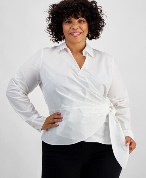 Plus Size Cotton Collared Wrap Top, Created for Macy's