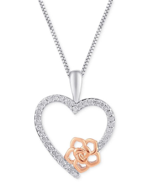 Diamond Heart Belle Rose Pendant Necklace (1/6 ct. t.w.) in Sterling Silver & Rose Gold-Plate, 16" + 2" extender