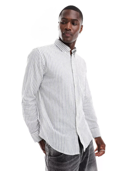 Ben Sherman long sleeve linen wide stripe shirt in white