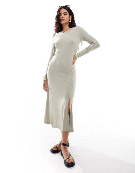 Vero Moda long sleeved maxi dress with seam detail in stone