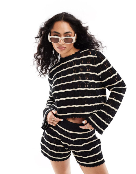 ASOS DESIGN crop crew neck jumper in stripe in black and cream stitch