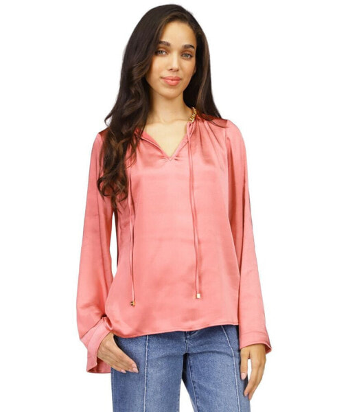 Women's Satin Bell-Sleeve Chain-Neck Top