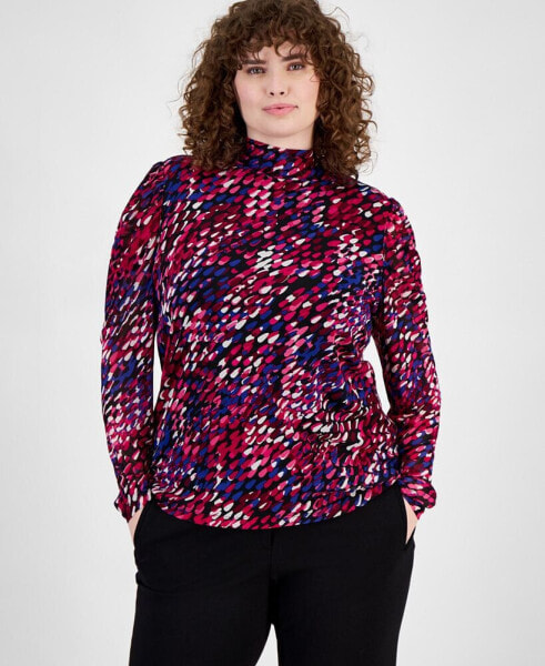 Plus Size Printed Gathered-Shoulder Mesh Top, Created for Macy's