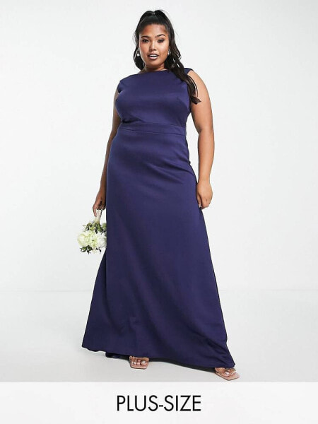 TFNC Plus Bridesmaid bow back maxi dress in navy blue