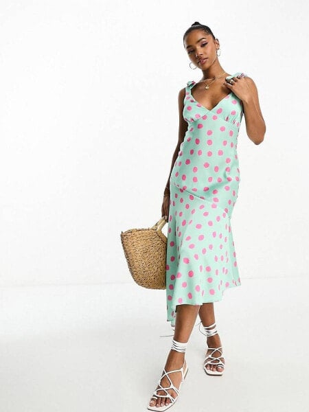 New Look tie shoulder midi dress in blue and pink polka dot