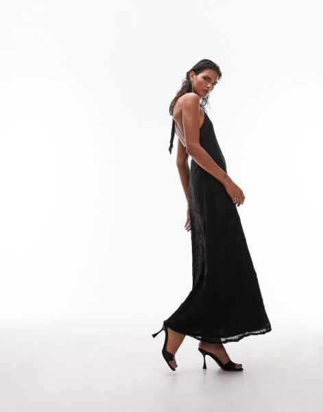 Topshop jersey textured mesh halter maxi dress in black