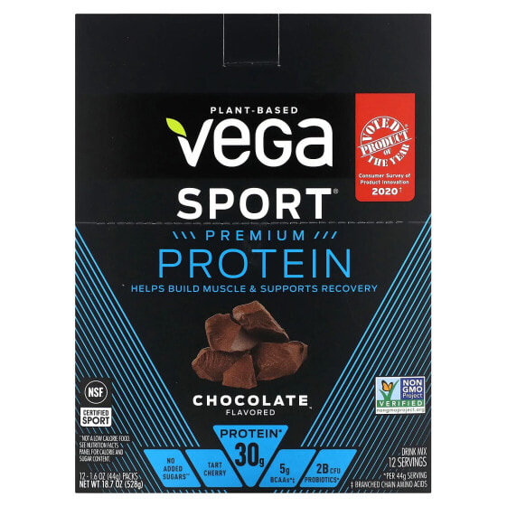 Sport, Plant-Based Premium Protein, Chocolate, 12 Packs, 1.6 oz (44 g) Each