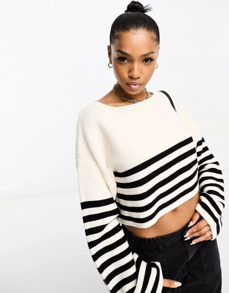 Miss Selfridge thin stripe crop knit jumper in black stripe