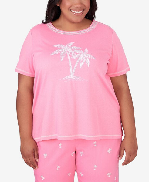 Plus Size Miami Beach Embroidered Palm Tree Short Sleeve Top