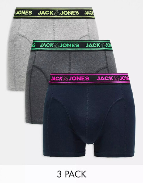 Jack & Jones 3 pack trunks with neon waistband in black & grey