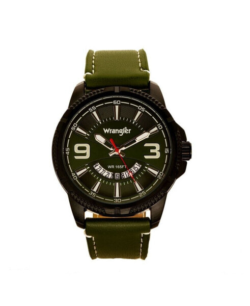 Men's Watch, 48MM Black Ridged Case with Green Zoned Dial, Outer Zone is Milled with White Index Markers, Outer Ring Has is Marked with White, Analog Watch with Red Second Hand and Crescent
