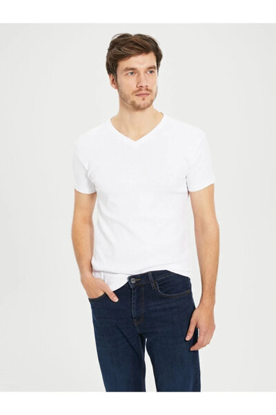 Your Fashion Style'dan Erkek Beyaz Tişört V Yaka Kısa Kollu Pamuklu Basic