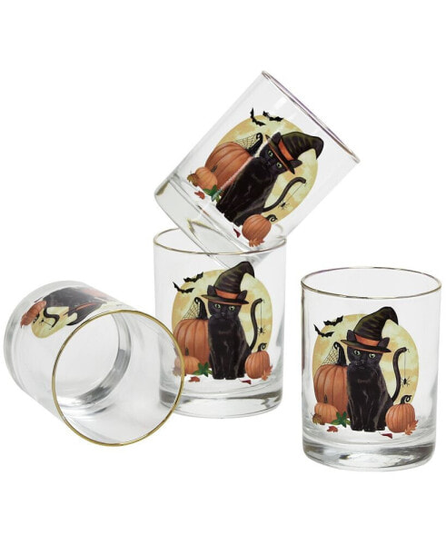 14-Ounce 22 Carat Gold-Tone Rim DOF (Double Old Fashioned) Glass Set of 4 - Witch Cat Moon