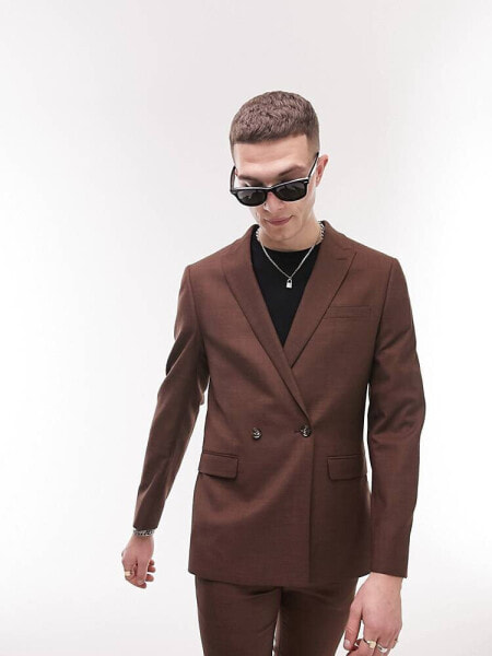 Topman super skinny double breasted one button suit jacket in brown