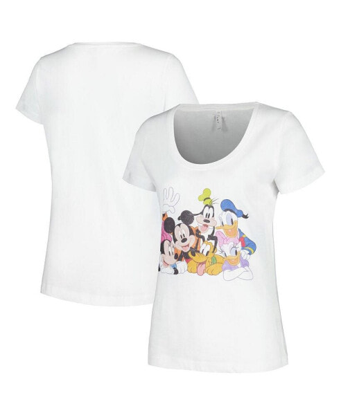 Women's White Distressed Mickey and Friends Group Scoop Neck T-shirt