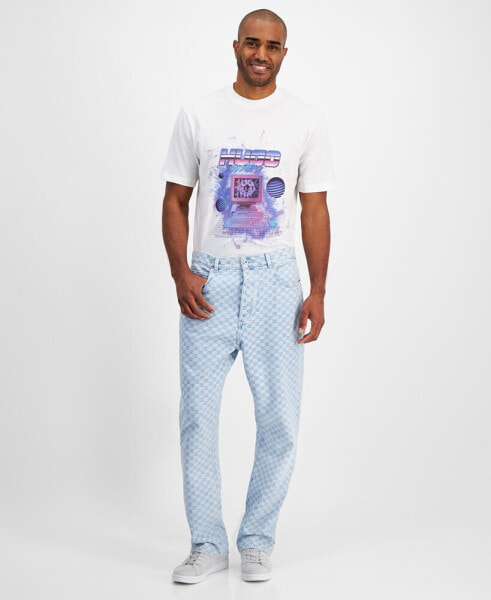 Men's Baggy Fit Check Pattern Denim Jeans