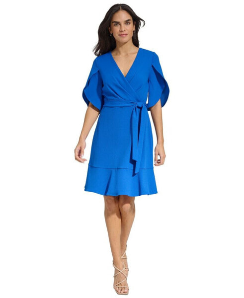 Women's Surplice-Neck Tulip-Sleeve Belted Dress