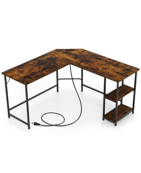 L Shaped Computer Desk with 2 Outlets and 2 USB Ports-Brown