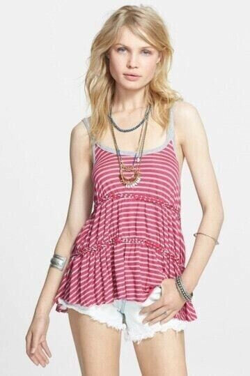 Free People 243714 'Florence' Stripe Tiered Tank Fuchsia Size Small