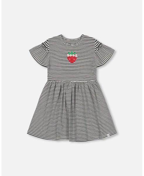 Girl Organic Cotton Dress With Flounce Sleeves Stripe Black And White - Child