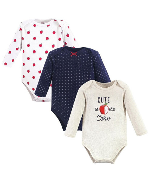 Baby Girls Cotton Long-Sleeve Bodysuits, Apple, 3-Pack