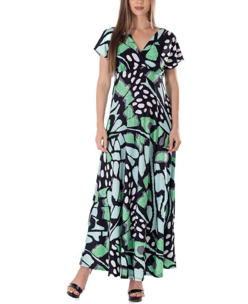 Print V Neck Empire Waist Kimono Cap Sleeve Maxi Dress