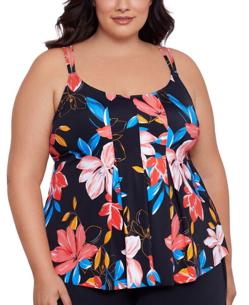 Plus Size Floral-Print Pleated Tankini Top, Created for Macy's