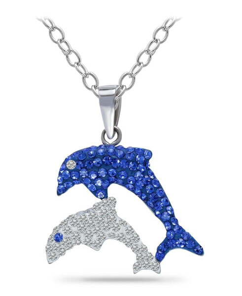 Crystal Two Dolphin Pendant Sterling Silver Necklace