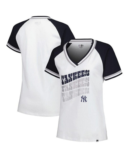 Women's White New York Yankees Jersey Double Binding Raglan V-Neck T-Shirt