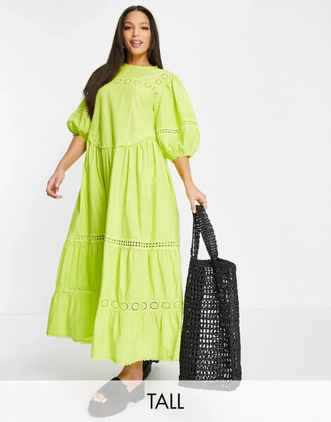 Topshop Tall broderie oversized chuck on maxi dress in chartreuse