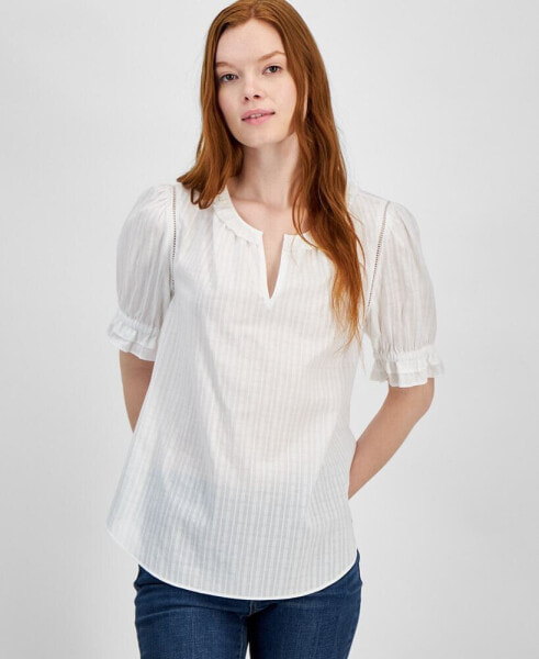 Women's Cotton Tonal-Stripe Puff-Sleeve Blouse