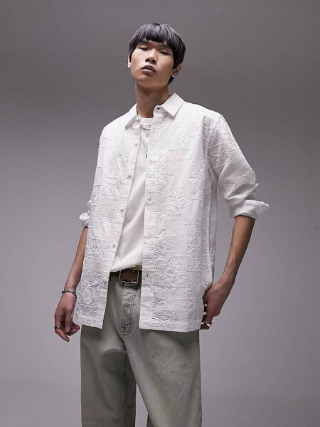 Topman long sleeve regular fit embroidered shirt in white