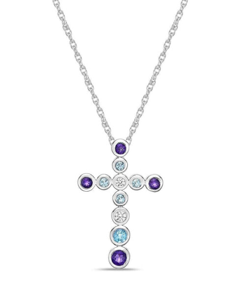 Sterling Silver modern 3/4 (ct. t. w.) Multi-Gemstone Bezel Set Cross Pendant Necklace