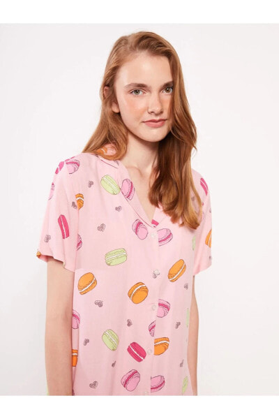 Gömlek Yaka Desenli Kısa Kollu Viskon Kadın Pijama Takımı