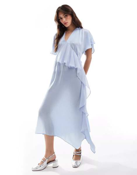 ASOS DESIGN satin asym frill detail midi dress in light blue