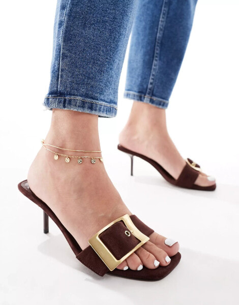 ASOS DESIGN Hold Up buckle detail mid heeled mules in brown