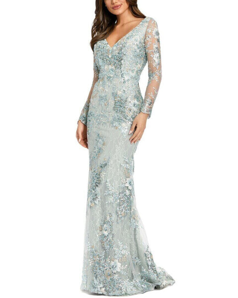 Mac Duggal Embellished V Neck Illusion Gown Women's