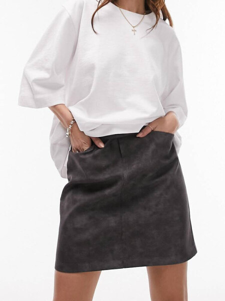 Topshop leather look 90s length zip detail skirt in distressed grey