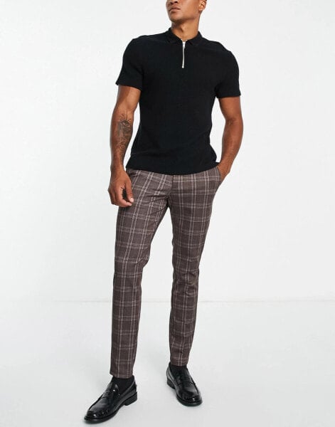 Jack & Jones Intelligence slim fit smart jersey trousers in brown check